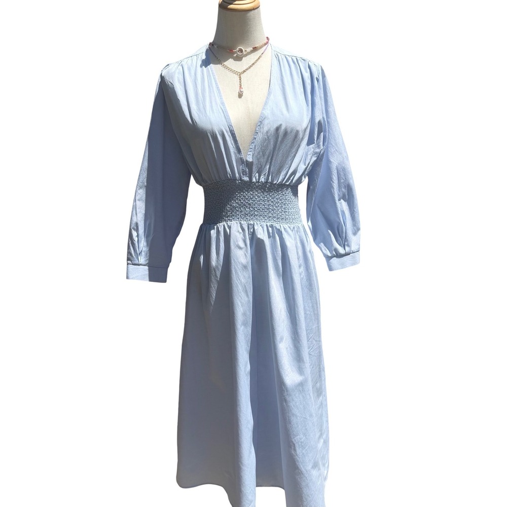 Zara Light Blue Smocked Waist V-Neck Midi‎ Dress Long Sleeve Small